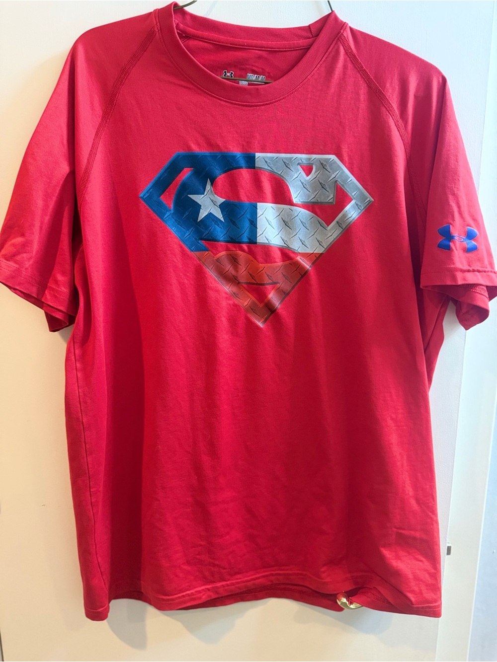 Under Armour Red Short Sleeve Performance Tee with Blue & Silver Superman Emblem